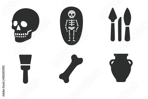 Archaeological Medicine Icons. Solid style icons of Archaeological Medicine: Excavated Skull, Burial Site, Ancient Tools, Brush,
