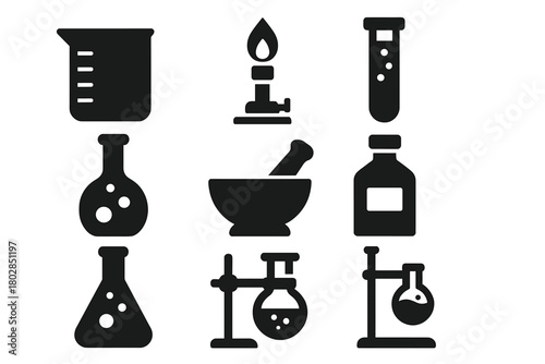 Antique Chemistry Lab Icons. Solid style icons of Antique Chemistry Lab: Beaker, Bunsen Burner, Test Tube, Flask, Mortar, Pestle,