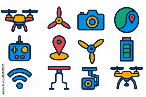 Modern Drone Icons. Flat vector icons of Drone Flight: drone, propeller, camera, aerial view, remote, GPS, rotor, battery, signal,