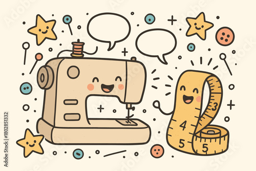 Chatting Sewing Tools. Delightful doodle vector artwork of a sewing machine and measuring tape chatting joyfully, surrounded by