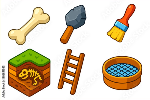 Prehistoric Excavation Icons. Isometric vector illustration set Prehistoric Excavation: giant fossil bone, stone tool, excavation