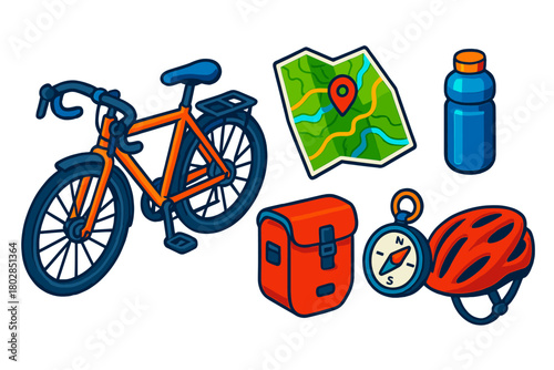 Bicycle Travel Icons. Isometric vector illustration set Bicycle Travel Essentials: touring bike, tourist map, waterproof pannier,