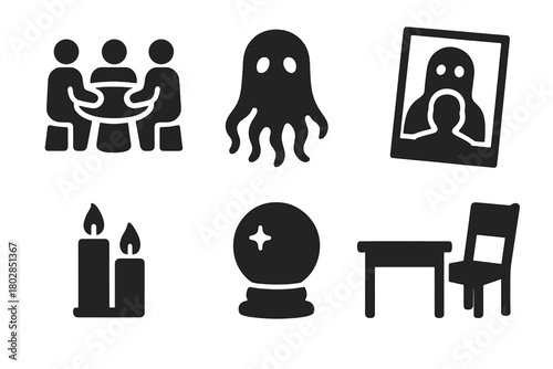 Vintage Ghost Icon Collection. Solid style icons of Vintage Ghost Practices: Séance, Ectoplasm, Medium, Spirit Photograph, Candles