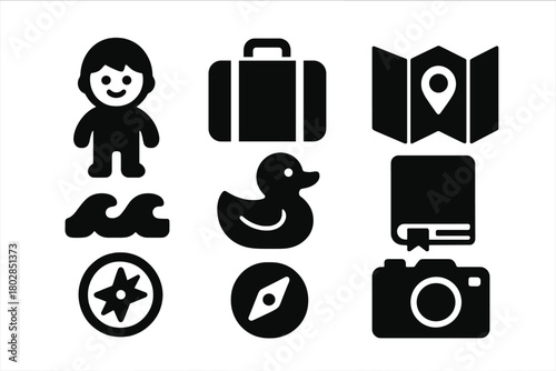 Miniature Travel Icons. Solid style icons of Miniature Travel Adventures: Toy Figure, Suitcase, Map, Ocean, Rubber Duck, Journal,