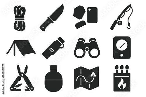 Wilderness Survival Essentials. Solid style icons of wilderness survival: rope, knife, flint, fishing rod, tarp shelter, whistle,