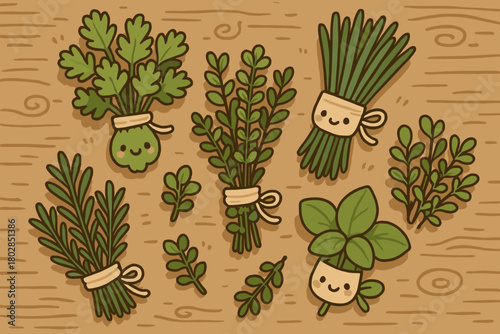 Smiling Herb Bundles. Adorable herbs tied in bunches, each with a little smiling face, scattered on a doodle wooden table