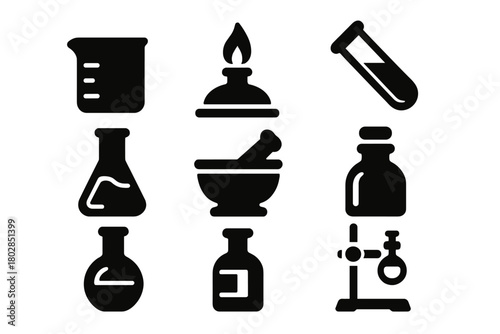 Antique Chemistry Lab Icons. Solid style icons of Antique Chemistry Lab: Beaker, Bunsen Burner, Test Tube, Flask, Mortar, Pestle,