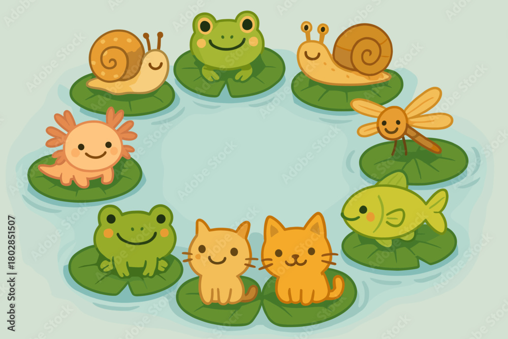 Naklejka premium Smiling Lily Pad Circle. Happy lily pads forming a circle, each pad with a different smiling creature