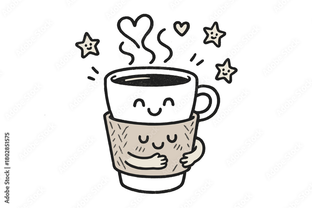 Obraz premium Zarf's Coffee Hug. A doodle of a smiling zarf hugging a hot coffee cup, with cheerful steam forming hearts and giggling stars