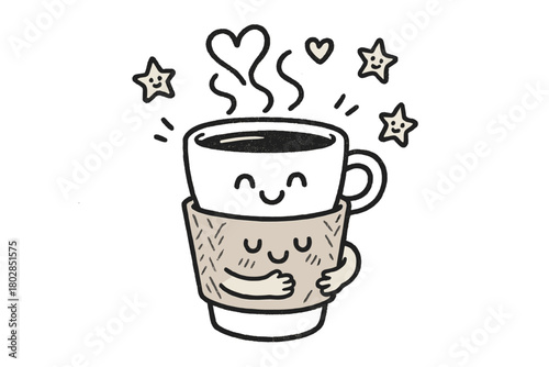 Zarf's Coffee Hug. A doodle of a smiling zarf hugging a hot coffee cup, with cheerful steam forming hearts and giggling stars