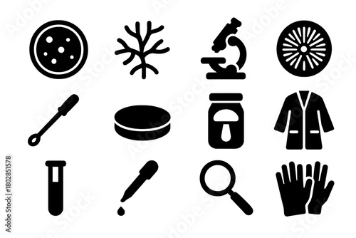 Scientific Mycology Icons. Solid style icons of Scientific Mycology: Petri Dish, Mycelium, Microscope, Spore Print, Inoculation