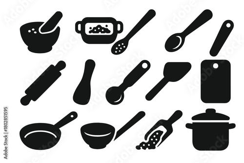 Spice Preparation Icons. Solid style icons of spice preparation: grinding, roasting pan, spice spoon, strainer, rolling pin,