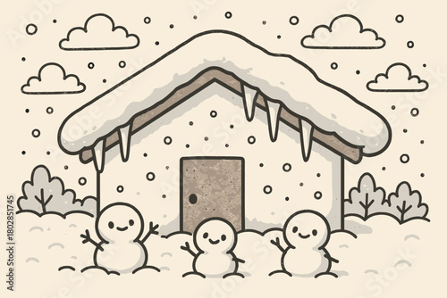 Snowy Roof Delight. Snow-covered roof with cute icicles, little doodle snowmen waving from the yard