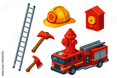 Urban Firefighting Icons. Isometric vector illustration set Urban Fire Department: steel ladder, polished helmet, axe, fire