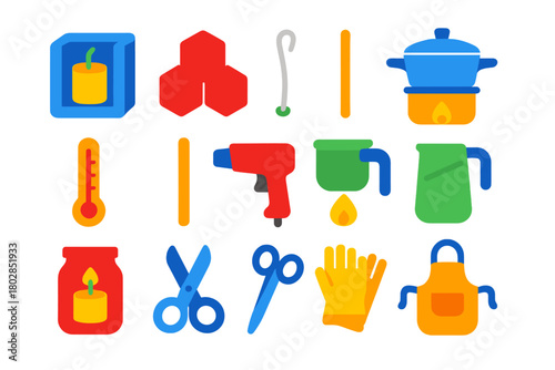 Candle Workshop Icons. Flat vector icons of Candle Workshop: mold, wax, wick, double boiler, thermometer, stirring stick, heat gun