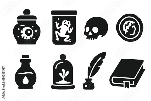 Curiosity Cabinet Icons. Solid style icons of Curiosity Cabinet: Oddity Jar, Preserved Specimen, Small Skull, Ancient Coin, Potion