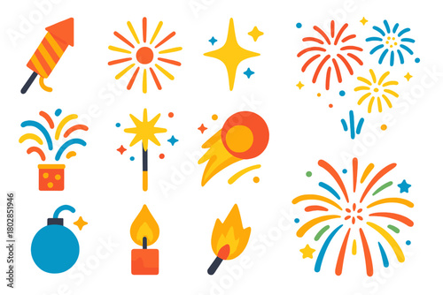 Fireworks Icons Set. Flat vector icons of Fireworks: rocket, burst, sparkle, night sky, fountain, sparkler, comet, aerial shell,