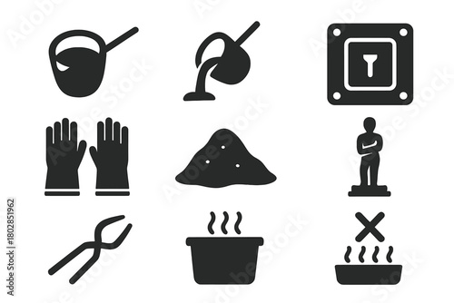 Metal Casting Icons. Solid style icons of metal casting: crucible, molten pour, mold frame, protective gloves, casting sand,