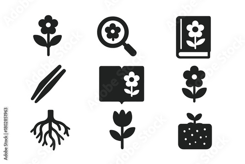 Early Botany Icons. Solid style icons of Early Botany Experiments: Plant Specimen, Magnifying Glass, Herbarium, Tweezers, Notebook