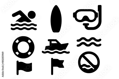 Ocean Pastime Icons. Solid style icons of Ocean Pastimes: Swimmer, Surfboard, Diving Mask, Snorkel, Lifebuoy, Boat, Waves, Flag,