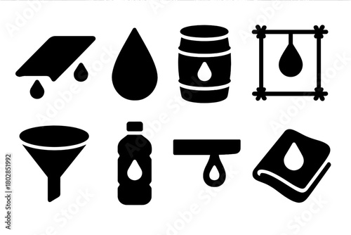 Water Harvesting Icons. Solid style icons of Water Harvesting: Plastic Sheet, Hanging Drop, Collection Barrel, Rope Frame, Funnel,