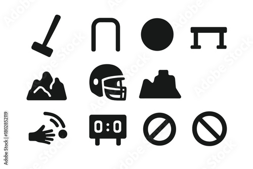 Competitive Outdoor Icons. Solid style icons of Competitive Outdoor Games: Mallet, Wicket, Ball, Extreme Terrain, Helmet, Obstacle