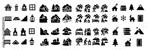 Cozy winter cabin icons collection