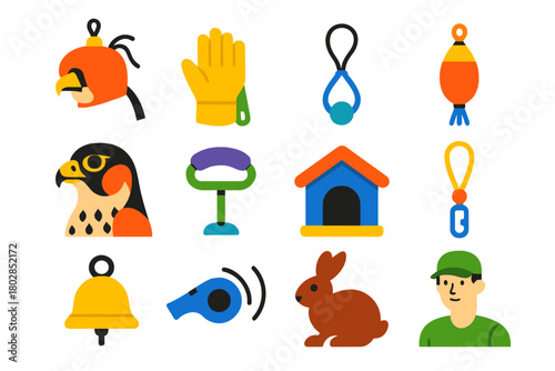 Falconry Equipment Icons. Flat vector icons of Falconry Equipment: hood, glove, jess, lure, falcon, perch, mews, tether, bell,