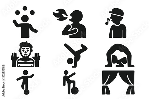 Unusual Talent Icons. Solid style icons of Unusual Talents: Juggler, Fire Breather, Whistler, Mime, Acrobat, Contortionist,