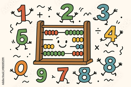 Dancing Doodles and Abacus. Playful calculation scene with doodle numbers jumping around a cheerful abacus