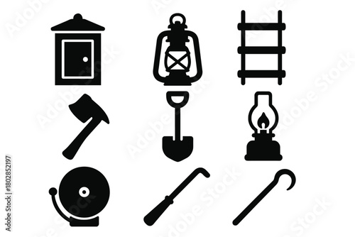 Vintage Safety Icons. Solid style icons of Vintage Safety Devices: Call Box, Lantern, Rope Ladder, Axe, Shovel, Gas Lamp, Signal
