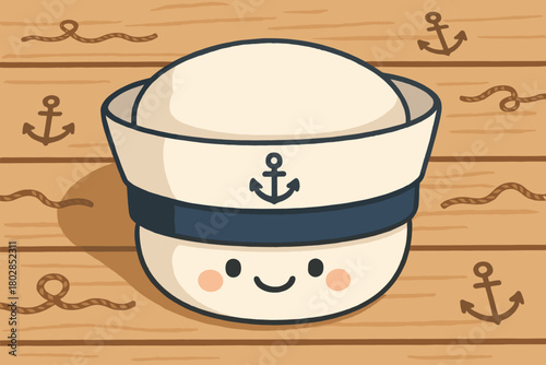 Adorable Sailor Cap. Adorable sailor cap with a happy face, resting on a deck with tiny doodle ropes and anchors