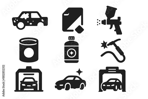 Restoration Project Icons. Solid style icons of Restoration Project: rusted frame, sandpaper, spray gun, primer can, chrome polish