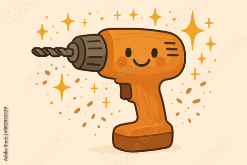 Joyful Drill Sparkles. Friendly drill with a happy face, surrounded by sparkling doodle sparks and flying sawdust