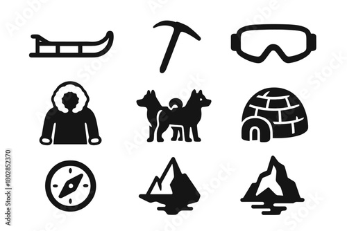 Polar Expedition Icons. Solid style icons of Polar Expeditions: Sled, Ice Pick, Snow Goggles, Fur Coat, Huskies, Igloo, Compass,