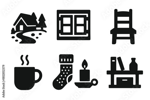 Cozy Winter Retreat. Solid style icons of Cabin Solitude: Snowy Path, Shuttered Window, Empty Chair, Writing Desk, Warm Mug,