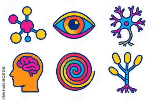 Psychedelic Neural Pathways. Isometric vector illustration set Psychedelic Research: Molecule, Perception, Neural Pathway,