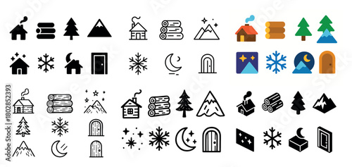 Winter cabin and mountain icons collection