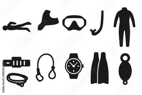 Freediving Equipment Icons. Solid style icons of free diving: diver silhouette, monofin, mask, snorkel, wetsuit, weight belt,