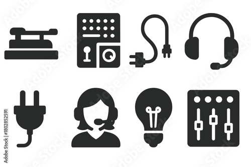 Early Communication Icons. Solid style icons of Early Communication: Telegraph, Switchboard, Cord, Headset, Plug, Operator, Light,