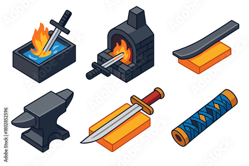 Swordmaking Icon Set. Isometric vector illustration set Swordmaking: Quenching, Forge, Folded Steel, Anvil, Sharpening Stone,