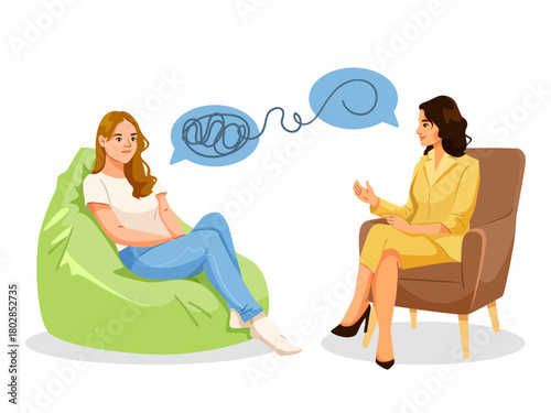 A young woman and a female psychologist talking during a therapy session, cartoon style, on white background. Concept of mental health support. Vector illustration