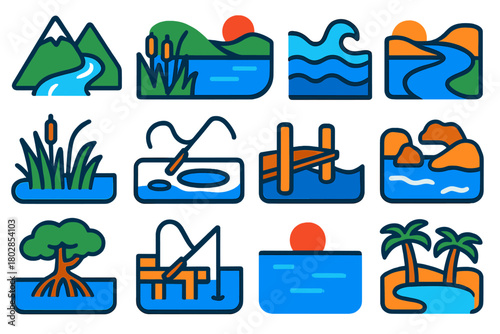 Fishing Environment Icons. Flat vector icons of fishing environments: mountain stream, calm lake, ocean waves, river bend, marsh