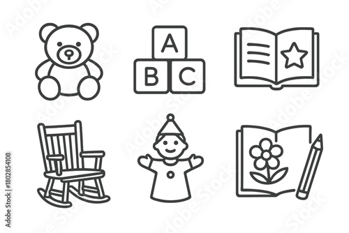 Children's Library Icons. Line style icons of children’s library: teddy bear, alphabet blocks, storybook, rocking chair, puppet,