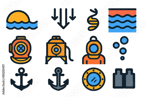 Diving Bell Icons. Flat vector icons of Diving Bell: air pocket, ocean, pressure, surface, helmet, rope, metal frame, bubbles,