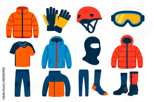 Mountaineering Clothing Icons. Flat vector icons of mountaineering clothing: insulated jacket, climbing gloves, climbing helmet,