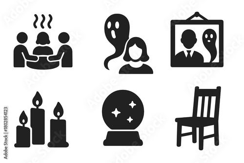 Vintage Ghost Icon Collection. Solid style icons of Vintage Ghost Practices: Séance, Ectoplasm, Medium, Spirit Photograph, Candles