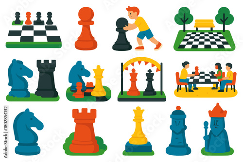 Giant Chess Icons. Flat vector icons of giant chess: outdoor giant board, human-sized pawn, child moving piece, public park