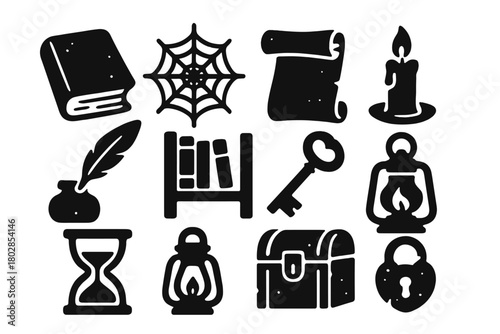 Abandoned Knowledge Icons. Solid style icons of Abandoned Knowledge: Dusty Book, Cobweb, Ancient Scroll, Candle, Quill, Inkpot,