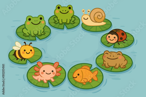 Smiling Lily Pad Circle. Happy lily pads forming a circle, each pad with a different smiling creature